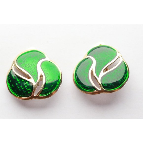 Vintage Festive Emerald Green or Bright Forest Green Gold Tone Knot Shaped Trian - Picture 1 of 2